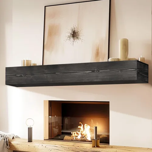 Miniatura 46 de Repisa de chimenea de 48 pulgadas, madera maciza rústica hecha a mano de 3 pulgadas de grosor, estante flotante largo de pared con soporte de metal