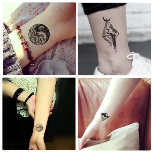 Miniatura 7 de 22 hojas de pegatinas de tatuajes temporales de montaña, incluidos tatuajes falsos impermeables, formas geométricas negras, con forma de sol
