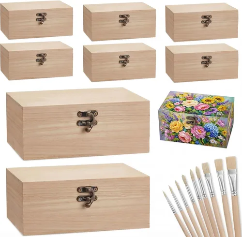 Reginary 8 cajas de madera sin terminar para manualidades, caja de madera sin pintar con tapa con bisagras, cierres frontales, joyería lisa, foto de
