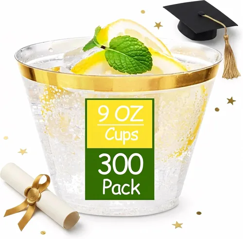 Miniatura 10 de Ciaell 200 PCS Vasos de Plástico Plateados - Vasos de Plástico Resistentes de 9 Oz - Vasos con Borde Plateado - Vasos Transparentes Desechables