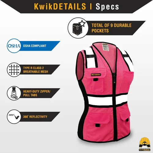 Miniatura 4 de KwikSafety - Chaleco de seguridad multicolor para mujer Chaleco reflectante de alta visibilidad de alta calidad, clase ANSI sin clasificación Rosa