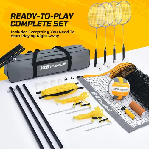 Miniatura 7 de Haokelball Combo de red de voleibol de bádminton – Ancho ajustable de 20 a 32 pies y altura, con 4 raquetas, volantes, voleibol, línea límite, bolsa