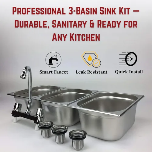 Miniatura 7 de Fregadero de concesión de acero inoxidable con 3 compartimentos grandes Portable 3-basin sink with 12" faucet, bar drains, and basket strainers