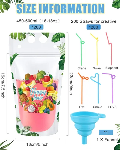 Miniatura 4 de Sieral - 200 bolsas transparentes para bebidas con pajitas para adultos, 16 oz, con cierre resellable, cremallera, de pie, bolsas de jugo