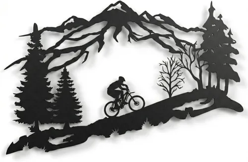 DEKADRON Arte de pared de motociclista de metal, arte de pared con temática de árbol de montaña y ciclista, decoración de pared de metal, regalo