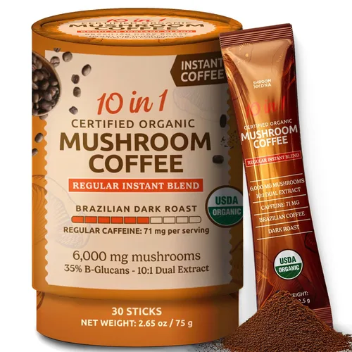Café de hongos orgánico instantáneo 10 en 1 certificado por el USDA, café instantáneo de hongos tostado oscuro brasileño para una mejor energía,