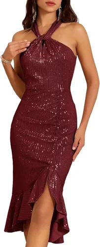 GRACE KARIN Vestido de lentejuelas halter para mujer, sin mangas, con volantes, vestido de fiesta de cóctel, bodycon con abertura, vestido de sirena