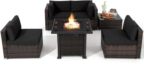 Tangkula Juego de 6 piezas de mimbre para patio, juego de sofá de ratán para exteriores con mesa de fuego de propano de 32 pulgadas, calor de 50,000