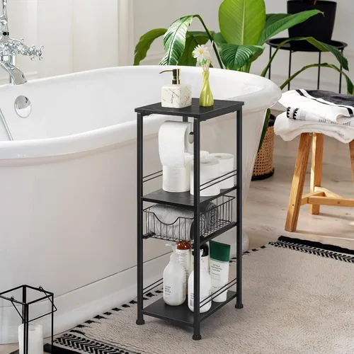 Miniatura 2 de OYEAL Armario de almacenamiento de papel higiénico negro pequeño estante lateral de baño con cajón estrecho gabinete de almacenamiento de toallas