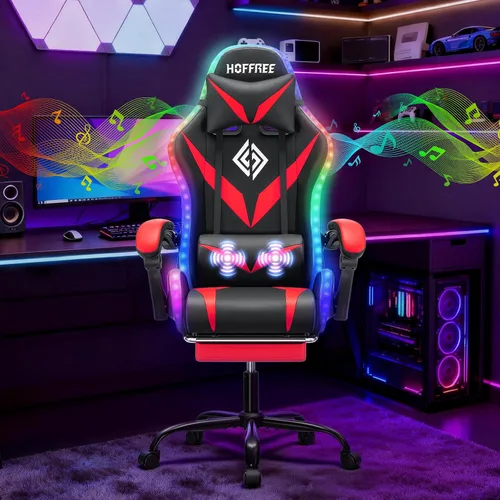 Miniatura 11 de HOFFREE - Silla gamer con masaje, altavoces Bluetooth y luces LED, silla ergonómica para computadora y videojuegos con reposapiés, silla de Azul