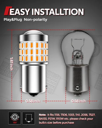 Miniatura 4 de Torchbeam Bombillas LED 1156 de señal de giro, CANBUS sin errores, reemplazo para P21W BA15S 1156A 1156NA 7506 1141, 12V-24V ámbar amarillo bombilla