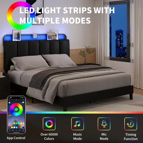 Miniatura 6 de BarnFurin Base de cama individual con luces LED, plataforma tapizada con cabecera de almacenamiento, marco de cama individual, sin ruido,