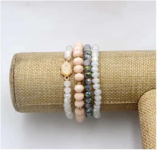 Miniatura 5 de Juego de pulseras de cuentas doradas, pulseras apilables con cuentas hexagonales cuadradas y drusas elásticas