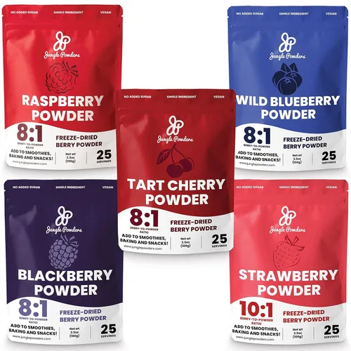Jungle Powders Paquete de polvo de fruta de cereza y cereza de frambuesa, fresa, mora, arándano, 100% liofilizado, extracto de superalimento apto