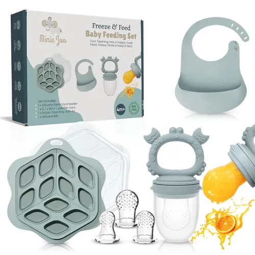 Miniatura 7 de Juego de comedero y mordedor de fruta para bebé, chupete de alimentos 3 en 1, bandeja para paletas de leche materna y babero ajustable, 3 tamaños