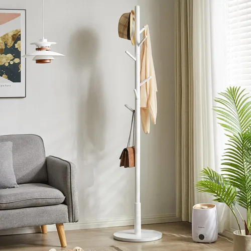 Miniatura 9 de Aibiju Perchero de pie para abrigos Blanco con 8 ganchos y 3 opciones de altura, árbol para abrigos de madera para niños con base redonda