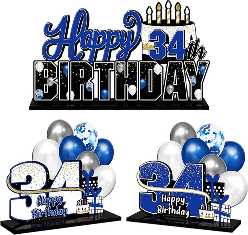 Miniatura 14 de LINGTEER Feliz 10º Cumpleaños Juego de Centros de Mesa de Acrílico Azul para Mesa - Brindemos por Diez Años Decoraciones de Regalo de Fiesta de 10º