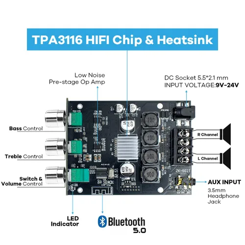 Miniatura 2 de Hosyond ZK-502T - Placa de amplificador Bluetooth 5.0 de 100 W con control de agudos y graves, TPA3116D2 50 Wx2, placa de amplificador Bluetooth