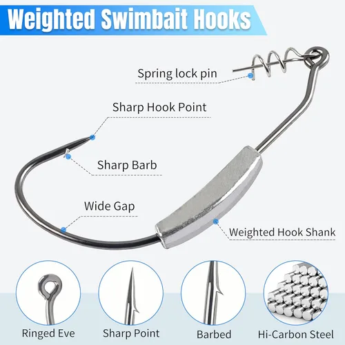 Miniatura 3 de Ganchos de pesca con peso, 15 anzuelos de pesca con peso sin malas hierbas con pasador de centrado Twistlock, ganchos de pesca de gusanos
