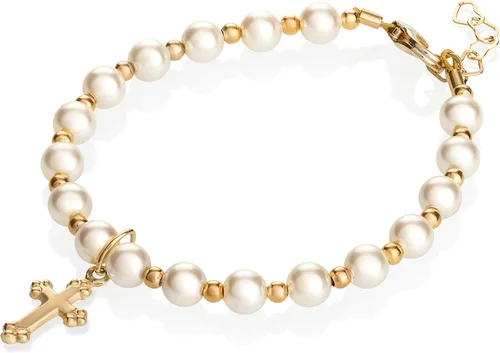 Bautizo Cuentas rellenas de oro de 14 quilates | Perlas de imitación europeas crema | Pulsera de bebé de lujo con dije de cruz | Pulsera unisex para