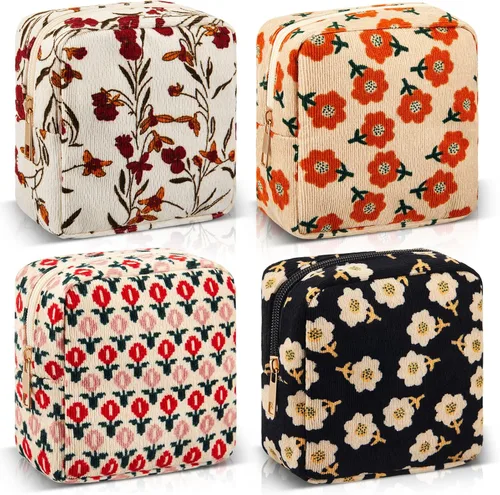 Miniatura 8 de Abbylike 4 piezas de bolsa de maquillaje floral con cierre, bolsa de cosméticos con cierre portátil, pequeñas bolsas para bolso, mini bolsa de aseo