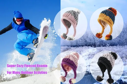 Miniatura 8 de HUAMULAN - Gorro de invierno para mujer estilo peruano con forro polar, solapas para orejas, doble capa, con pompones