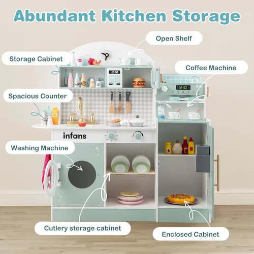 Miniatura 7 de INFANS Juego de cocina para niños, juego de cocina de madera para niños pequeños, juego de juguetes de cocina con cafetera, máquina de hielo, Azul