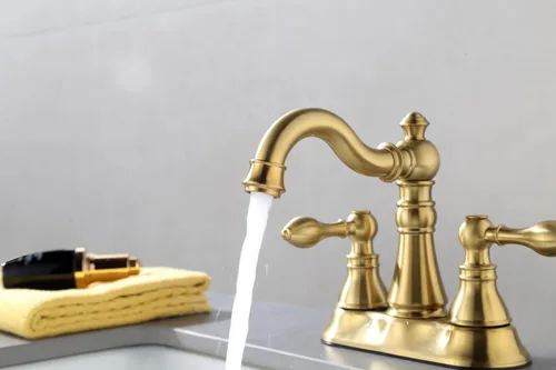 Miniatura 6 de Grifo de baño con dos asas de oro cepillado de 3 agujeros con desagüe emergente de plástico con rebosadero, grifo giratorio para lavabo de baño de 4