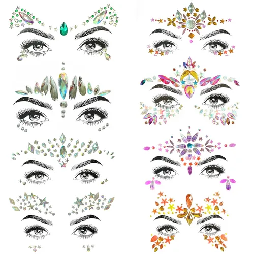 8 calcomanías faciales de piedras preciosas para festivales de música, fiestas de vacaciones, joyas de cara con diamantes de imitación para 8 piezas