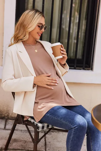 Miniatura 4 de Ekouaer Camisas de maternidad para mujer, manga larga, con abertura lateral, camiseta de embarazo, blusa tipo túnica, ropa casual para mamá
