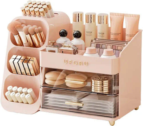 Miniatura 10 de UFORU Organizador de maquillaje para tocador con soporte para pinceles, organizador de cuidado de la piel de gran capacidad para encimera de baño