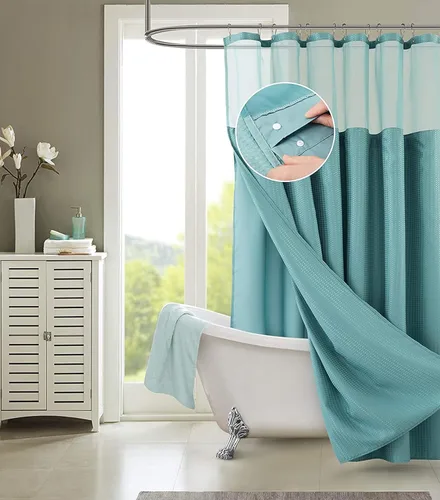 Miniatura 2 de Juego de cortina de ducha de tejido gofre con forro – Cortina de baño moderna con ventana superior de malla – Diseño de tela de alta calidad