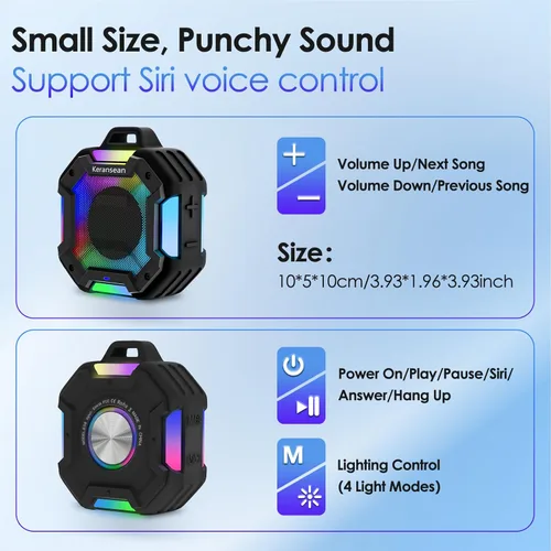 Miniatura 9 de Altavoz Bluetooth para Ducha, Altavoces Bluetooth Portátiles IPX7 Impermeables para Ducha Inalámbricos, Altavoz al Aire Libre con Luces, Negro