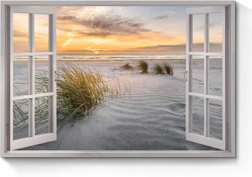 Miniatura 9 de Arte de pared con ventana abierta del océano: puesta de sol, escena de playa costera, pintada sobre lienzo, paisaje marino azul, veleros náuticos
