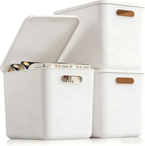 Juego de 3 cubos de almacenamiento de plástico, 13.4 x 10.2 x 8 pulgadas, versátil despensa de cocina, escritorio, oficina y cajón, contenedor Blanco