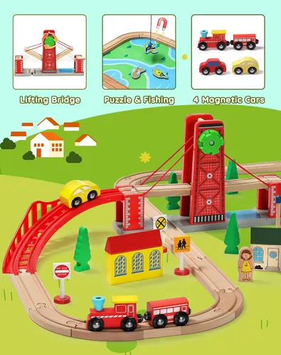 Miniatura 4 de SainSmart Jr. Juego de tren de madera para niños pequeños, pista de tren de madera de doble cara con 4 trenes compatible con Brio, Thomas, Melissa