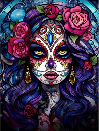 Miniatura 14 de Pintura de diamantes de calavera de azúcar 5D, kit de numeración de maquillaje de esqueleto de moda, arte de pared de rosa roja, arte de pared