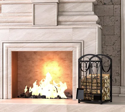 Miniatura 3 de Kingson Estante para leña con soportes de madera para interior, estante de herramientas para chimenea al aire libre, estante de leña, almacenamiento
