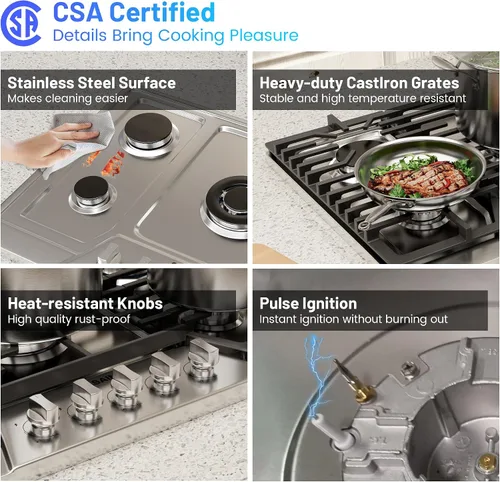 Miniatura 5 de CASAINC Estufa de gas de 30 pulgadas con 5 quemadores de alta potencia, estufa de gas de acero inoxidable 304 incorporada, convertible a NG/LPG