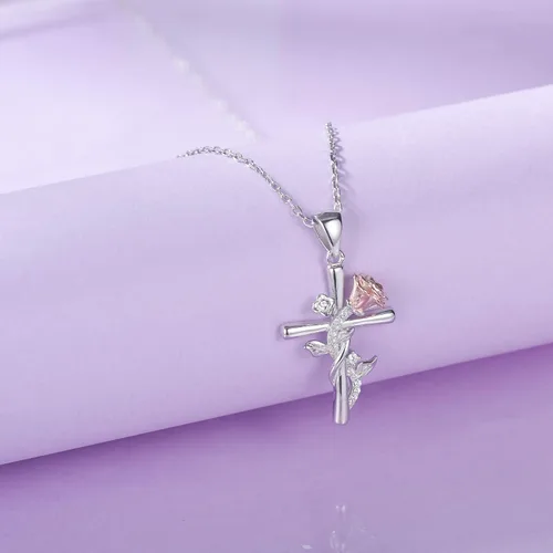 Miniatura 3 de Distance S925 Sterling Silver Rose Flower Necklace, Rose Bracelet, Two-Tone Cross Pendant Necklaces for Women Girls Gift for Valentine Birthday