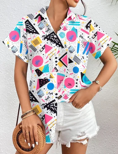 Miniatura 3 de Trajes de los años 80 para mujer, camisa de neón de los años 80 y 90, camisa retro para fiesta temática de discoteca, camisa hawaiana con botones