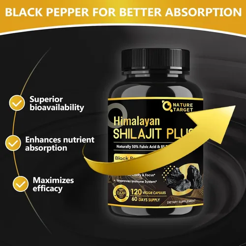 Miniatura 4 de NATURE TARGET Cápsulas de Shilajit del Himalaya – 500 mg de Shilajit puro con 50% de ácido fúlvico y pimienta negra – Energía, enfoque y vitalidad