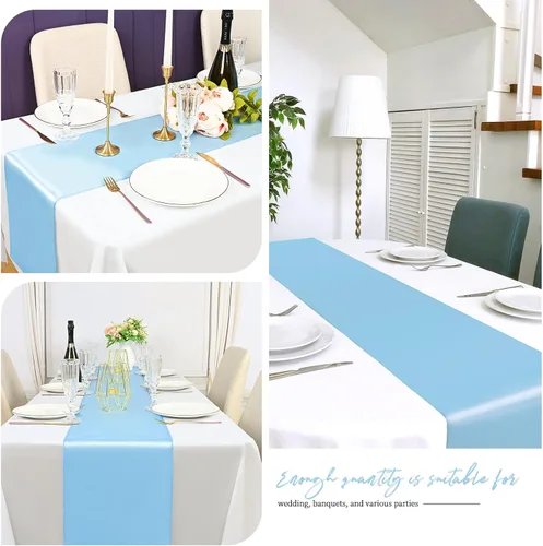 Miniatura 5 de Paquete de 24 caminos de mesa azul bebé, camino de mesa de satén liso de 12 x 72 pulgadas, caminos de mesa de alta calidad para bodas, fiestas