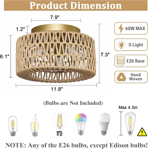 Miniatura 5 de Lámparas de techo de ratán, montaje en techo, 3 luces, lámpara de techo de montaje empotrado estilo boho, lámpara de sombra de jaula tejida a mano