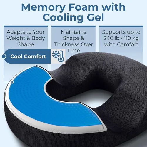 Miniatura 5 de 5 STARS UNITED Almohada de dona para dolor de coxis y hemorroides – Cojín grande de espuma viscoelástica con capa de gel de enfriamiento para zonas