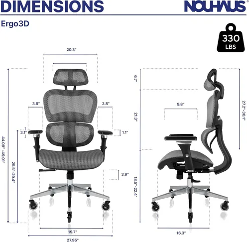 Miniatura 2 de Nouhaus Ergo3D - Silla de oficina ergonómica con soporte lumbar de malla con reposabrazos ajustable 4D, reposacabezas y ruedas ajustables, respaldo