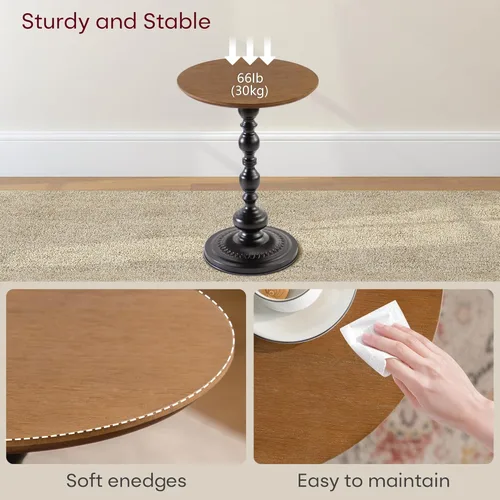 Miniatura 5 de Framhose - Mesa auxiliar redonda, mesa auxiliar pequeña con parte superior de madera y base negra, mesa de pedestal para sala de estar, esquinas