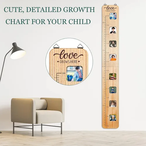 Miniatura 7 de Chunful Tabla de crecimiento de madera para niños con marcos de fotos, tabla de crecimiento de altura para pared, regla de medición de altura