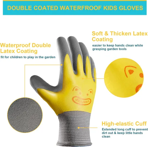 Miniatura 3 de COOLJOB 2 pares de guantes de jardinería impermeables para niños de 2 a 4 años, revestimiento de goma antideslizante de doble capa, guantes