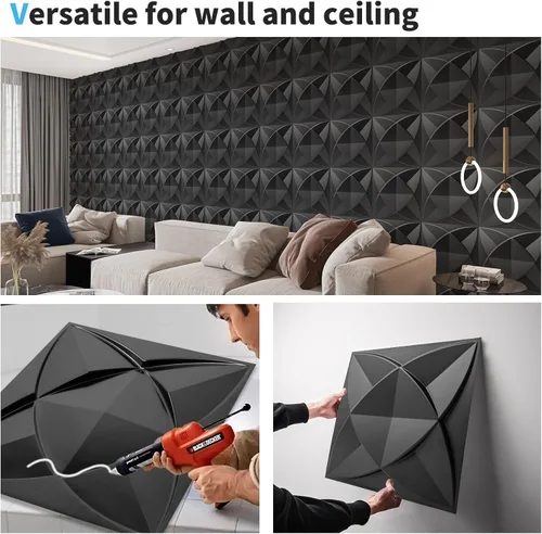 Miniatura 4 de Art3d Paneles decorativos texturizados de PVC 3D para decoración de paredes interiores en sala de estar, dormitorio en negro, paquete de 33